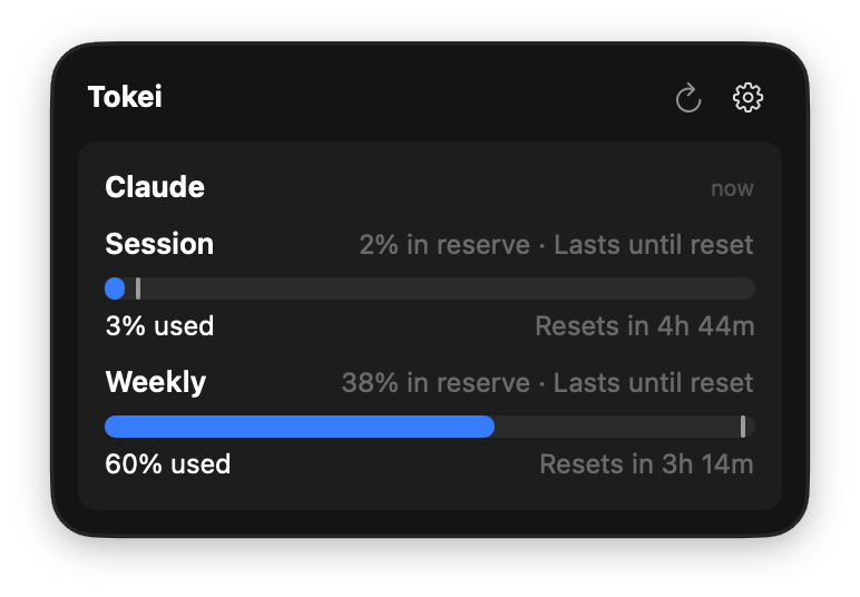 Session 3% used, 2% in reserve, lasts until reset. Weekly 60% used, resets in 3 hours 14 minutes.