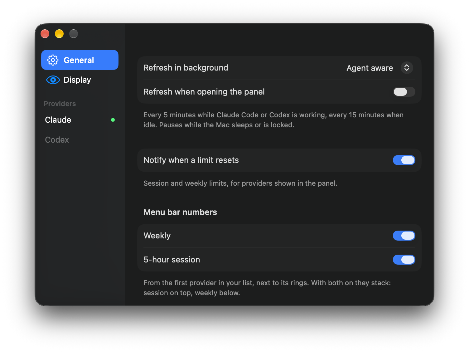 Tokei settings: background refresh set to Agent aware, reset notifications and menu bar numbers.